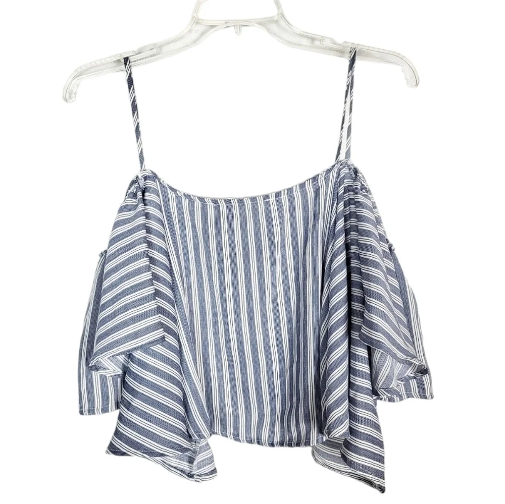 VINTAGE HAVANA striped cold shoulder cropped top with ruffle - Picture 4 of 6